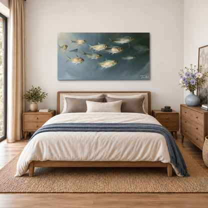 A small school of pale golden fish swimming across dark blue-green water single canvas wall art styled in an interior