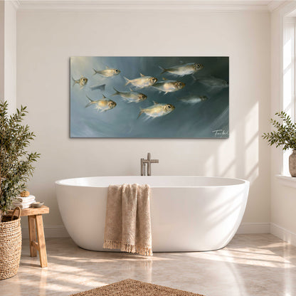 A small school of pale golden fish swimming across dark blue-green water single canvas wall art styled in an interior