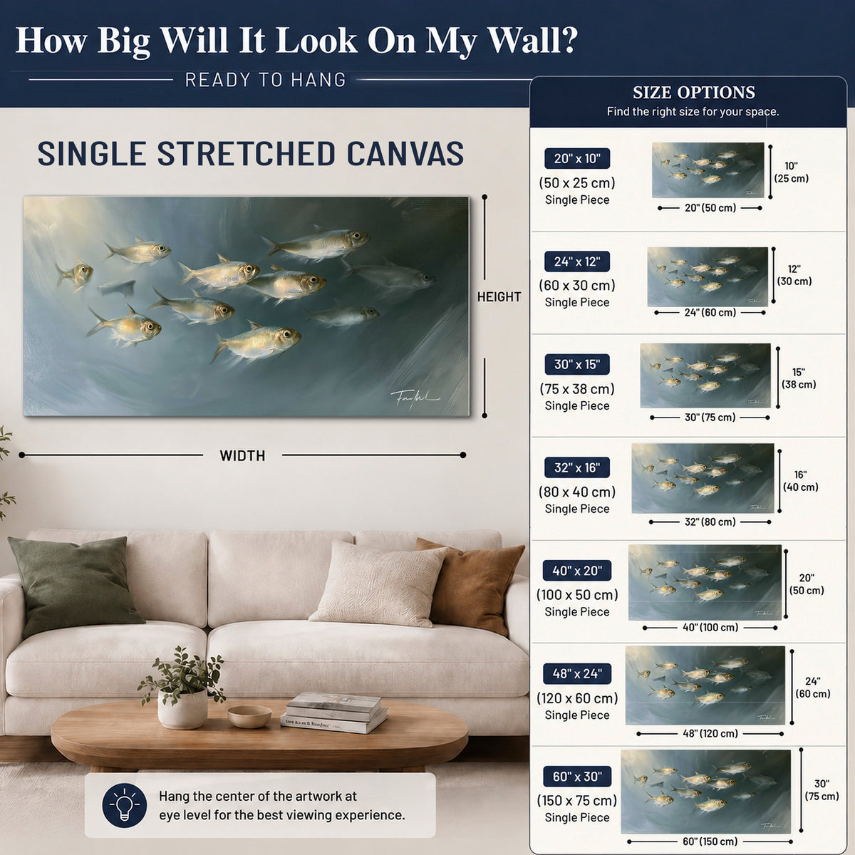 A small school of pale golden fish swimming across dark blue-green water single canvas wall art size guide above a sofa; room view is illustrative