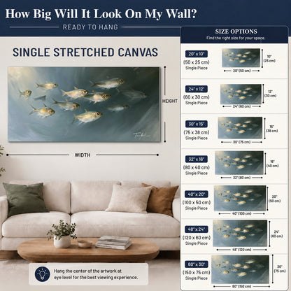 A small school of pale golden fish swimming across dark blue-green water single canvas wall art size guide above a sofa; room view is illustrative