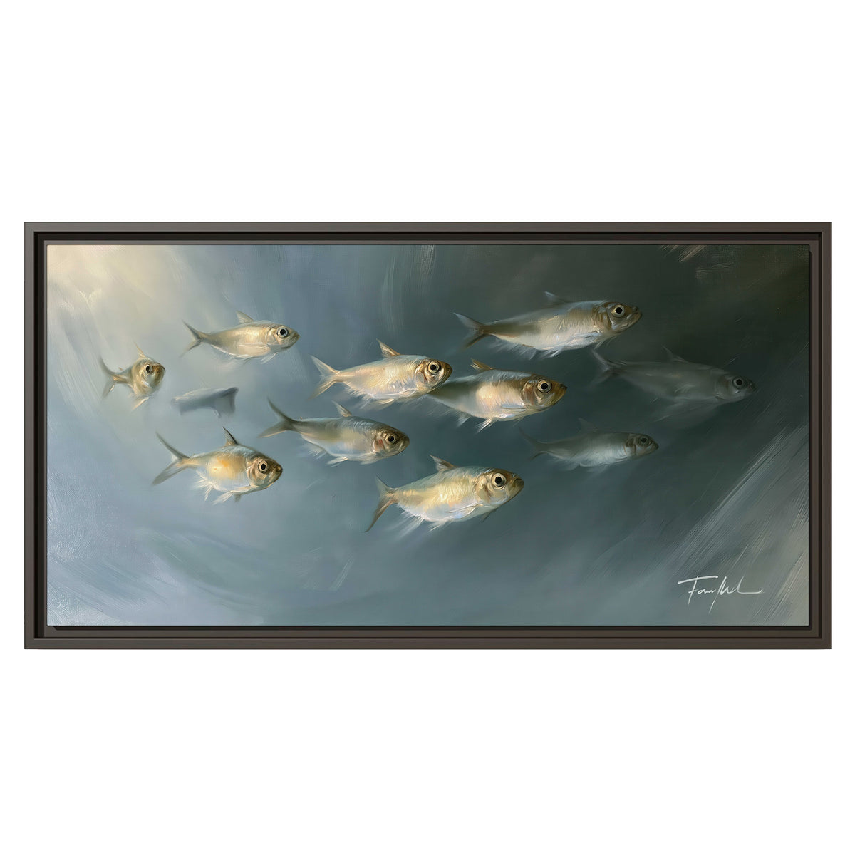 A small school of pale golden fish swimming across dark blue-green water single framed canvas wall art viewed straight on
