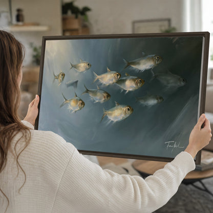 A small school of pale golden fish swimming across dark blue-green water single framed canvas wall art held in hands