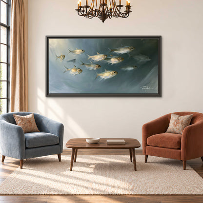A small school of pale golden fish swimming across dark blue-green water single framed canvas wall art styled in an interior