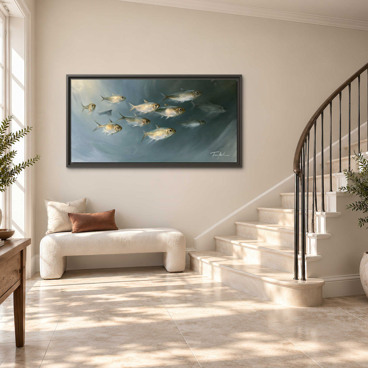 A small school of pale golden fish swimming across dark blue-green water single framed canvas wall art styled in an interior