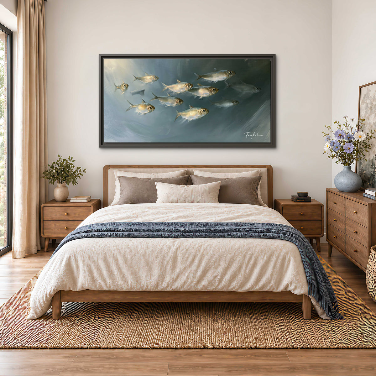 A small school of pale golden fish swimming across dark blue-green water single framed canvas wall art styled in an interior
