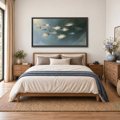 A small school of pale golden fish swimming across dark blue-green water single framed canvas wall art styled in an interior