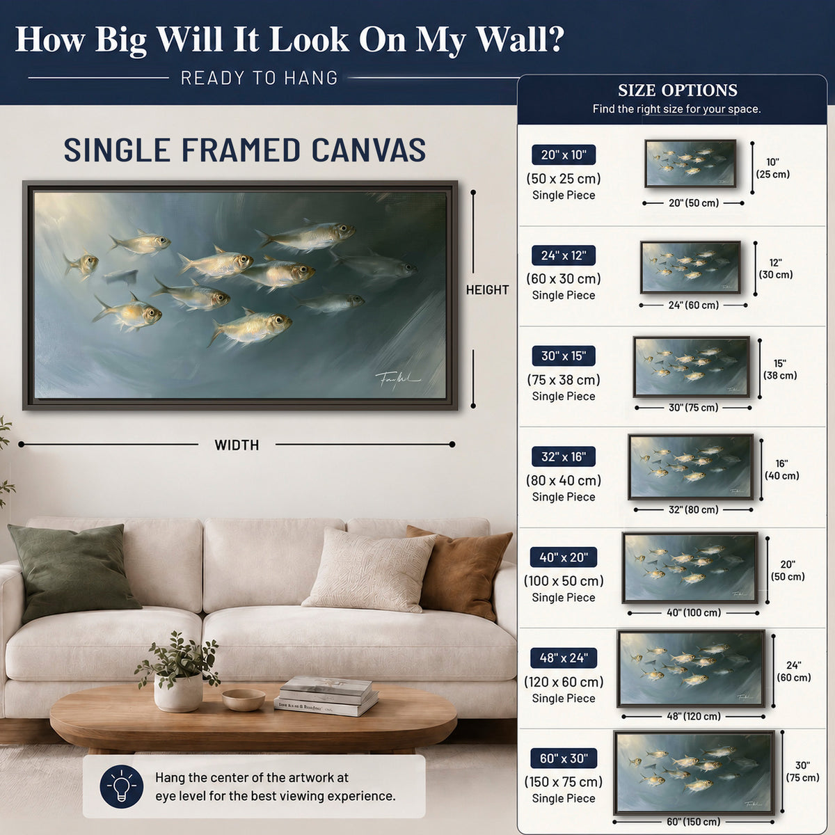 A small school of pale golden fish swimming across dark blue-green water single framed canvas wall art size guide above a sofa; room view is illustrative