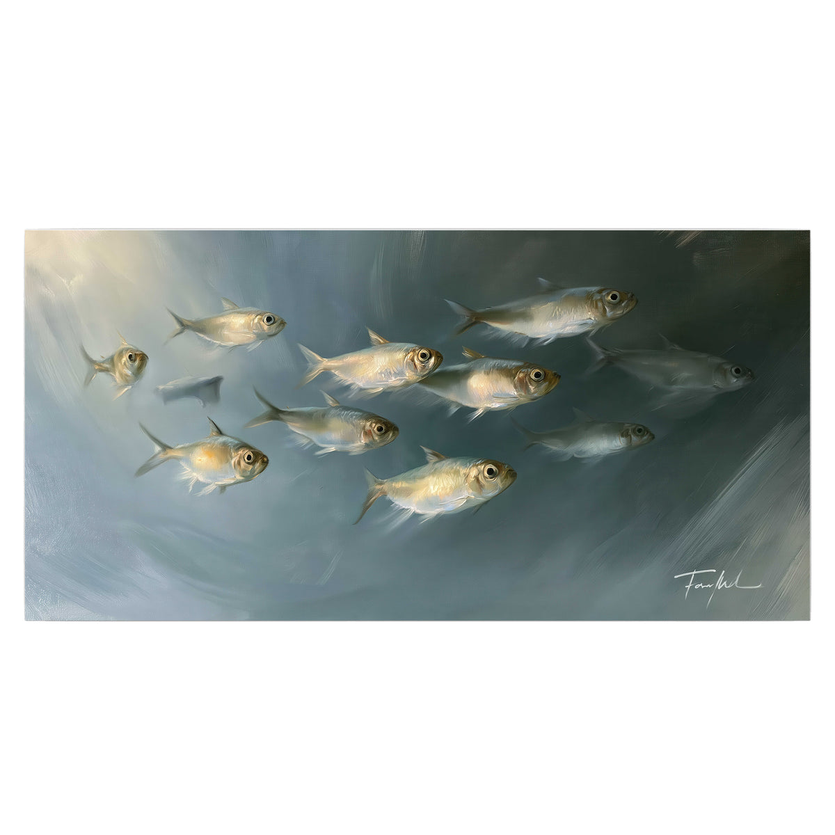 A small school of pale golden fish swimming across dark blue-green water single poster print viewed straight on
