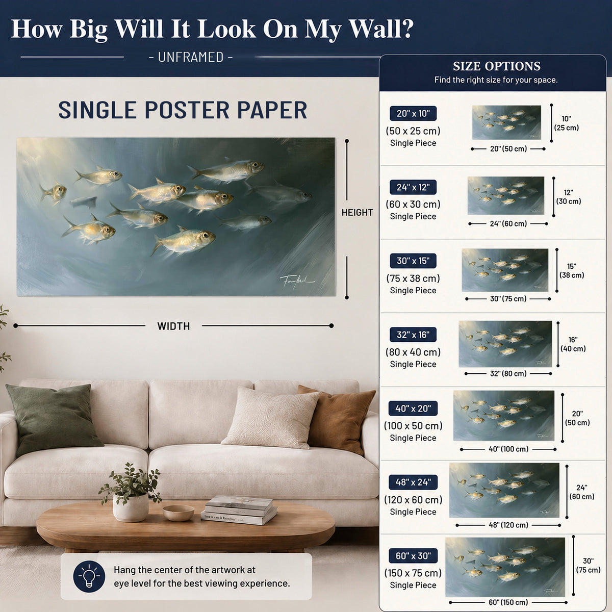 A small school of pale golden fish swimming across dark blue-green water single poster print size guide above a sofa; room view is illustrative