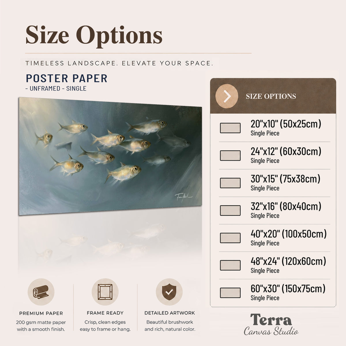 A small school of pale golden fish swimming across dark blue-green water single poster print available dimensions