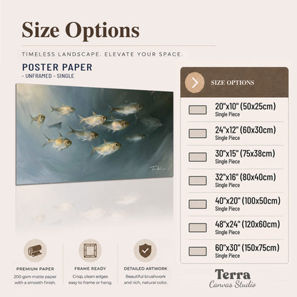 A small school of pale golden fish swimming across dark blue-green water single poster print available dimensions