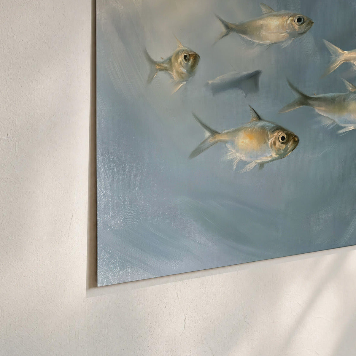 A small school of pale golden fish swimming across dark blue-green water set of 3 poster prints material and edge close up