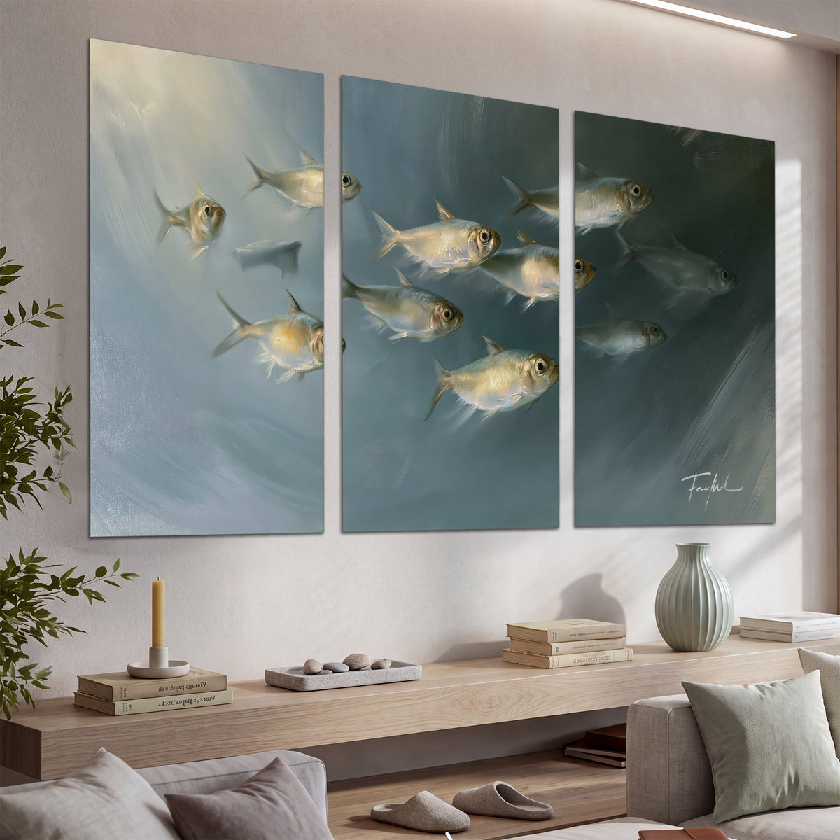 A small school of pale golden fish swimming across dark blue-green water set of 3 poster prints displayed in a console