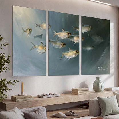A small school of pale golden fish swimming across dark blue-green water set of 3 poster prints displayed in a console
