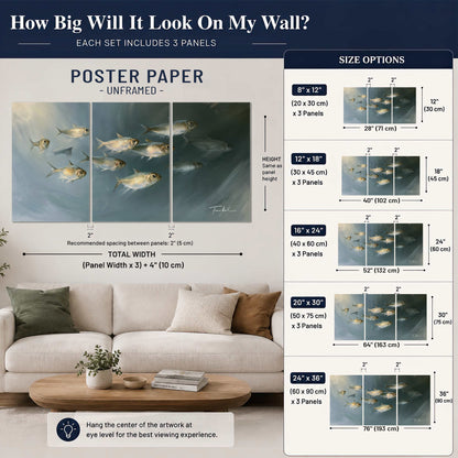 A small school of pale golden fish swimming across dark blue-green water set of 3 poster prints size guide above a sofa; room view is illustrative