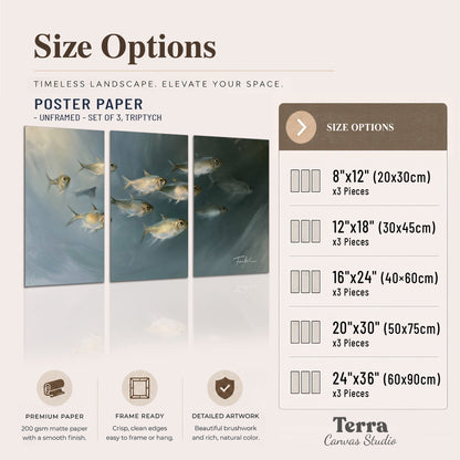 A small school of pale golden fish swimming across dark blue-green water set of 3 poster prints available dimensions; triptych dimensions are per panel