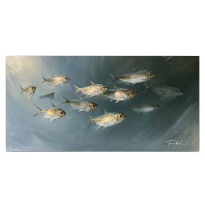 A small school of pale golden fish swimming across dark blue-green water single canvas wall art viewed straight on
