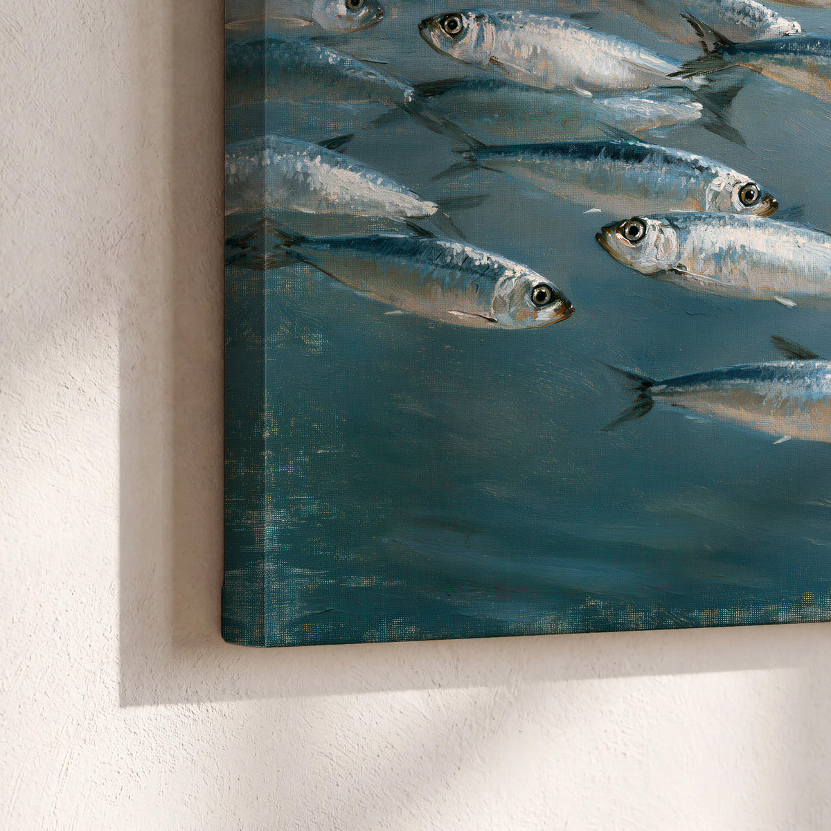 A school of silver fish moving together through cool blue water 3 piece canvas wall art material and edge close up