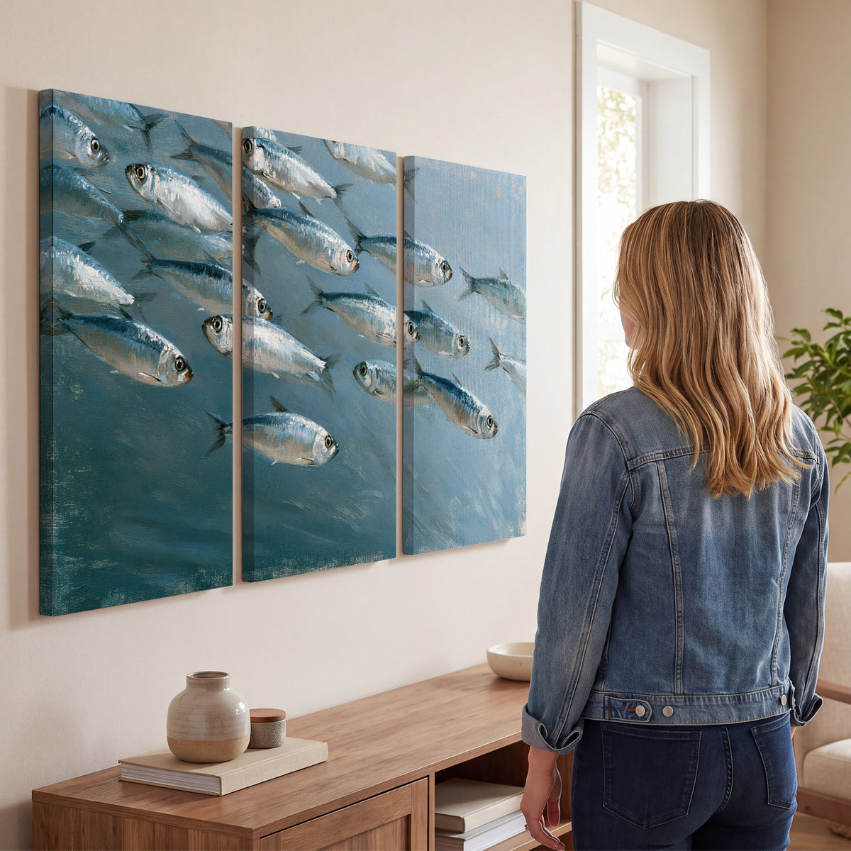 A school of silver fish moving together through cool blue water 3 piece canvas wall art three panel arrangement on a wall
