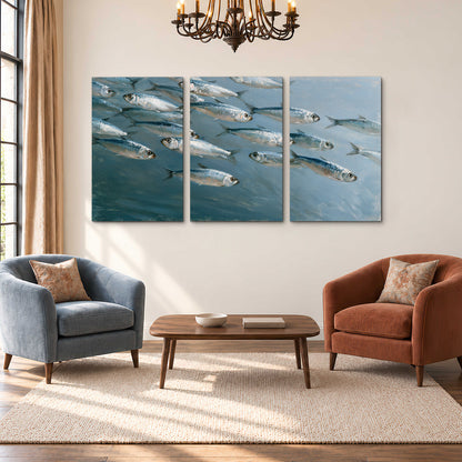 A school of silver fish moving together through cool blue water 3 piece canvas wall art styled in an interior