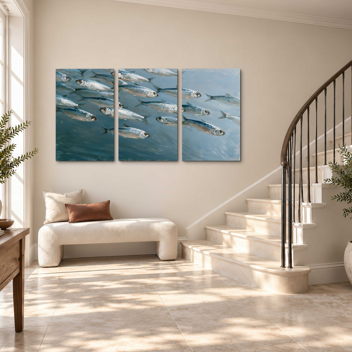 A school of silver fish moving together through cool blue water 3 piece canvas wall art styled in an interior
