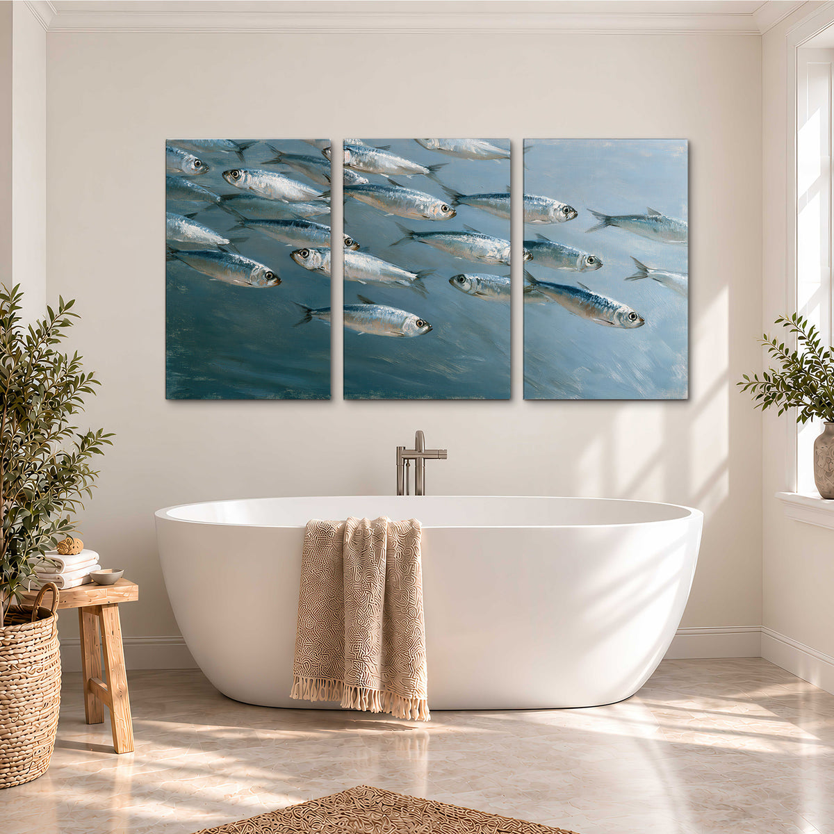 A school of silver fish moving together through cool blue water 3 piece canvas wall art styled in an interior