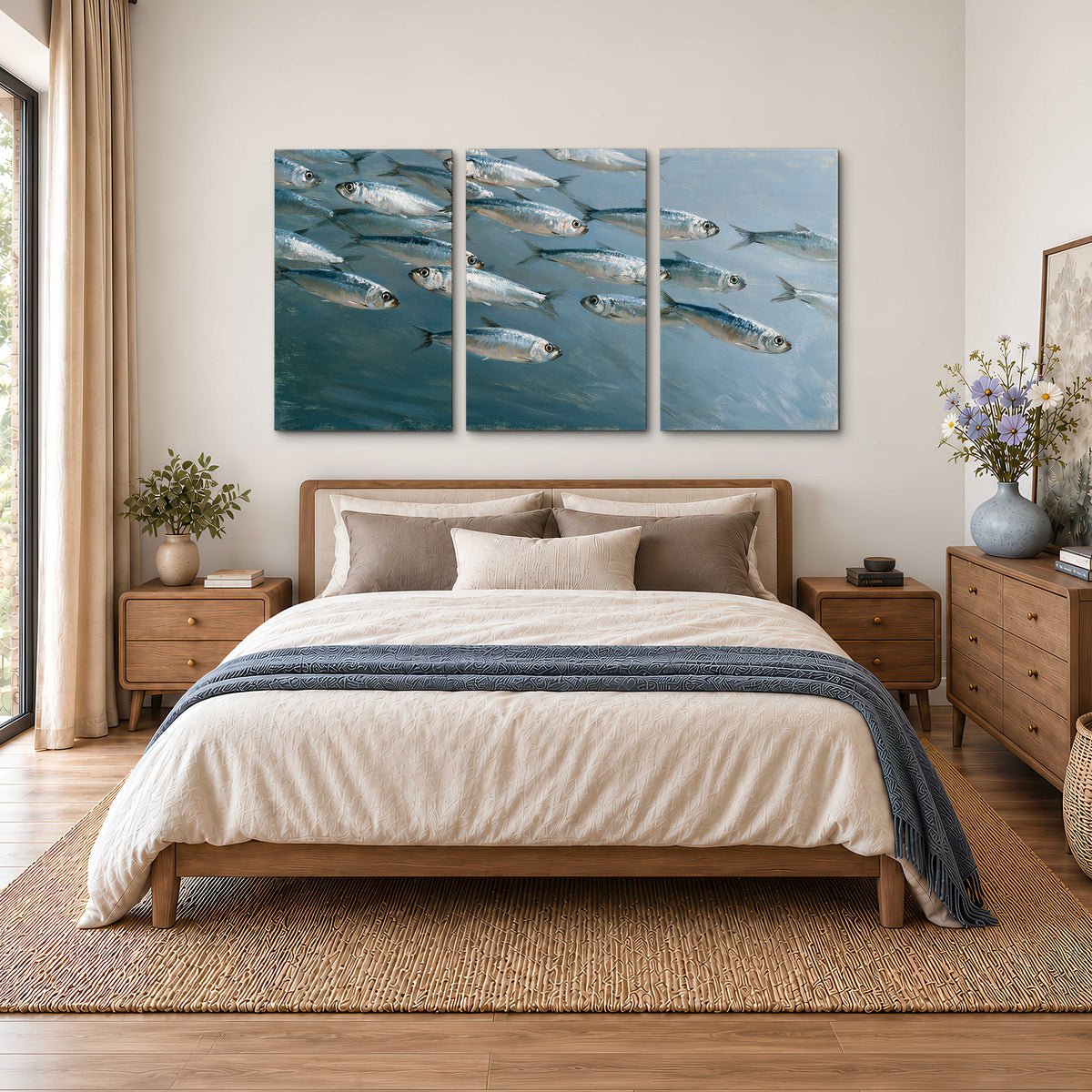 A school of silver fish moving together through cool blue water 3 piece canvas wall art styled in an interior