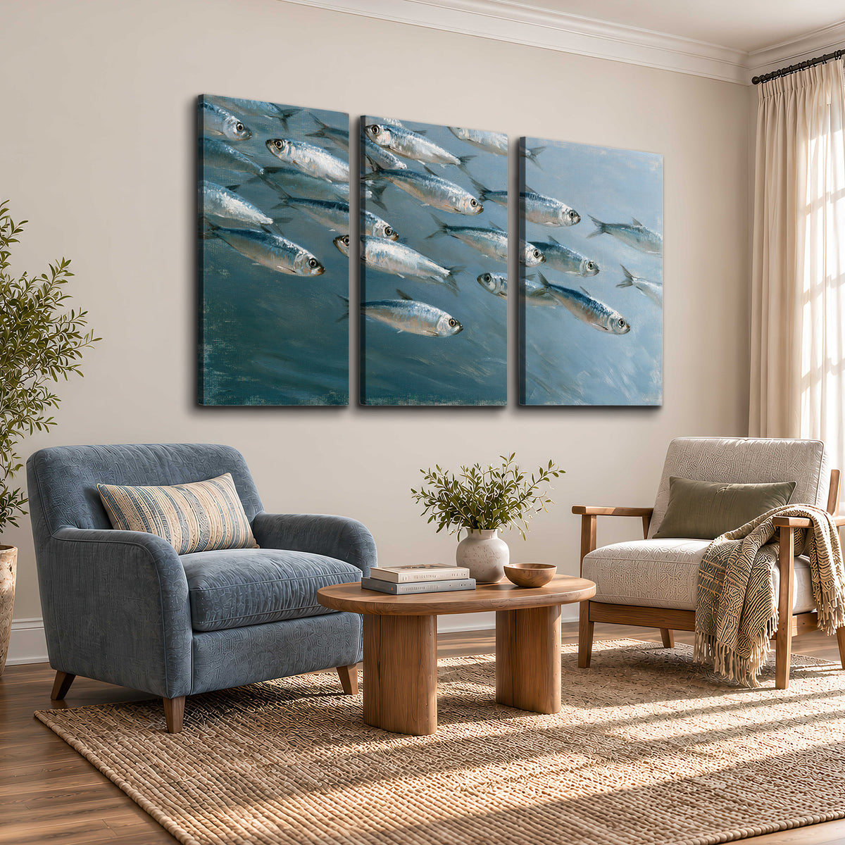 A school of silver fish moving together through cool blue water 3 piece canvas wall art styled in an interior