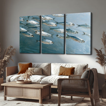 A school of silver fish moving together through cool blue water 3 piece canvas wall art displayed in a rustic living room