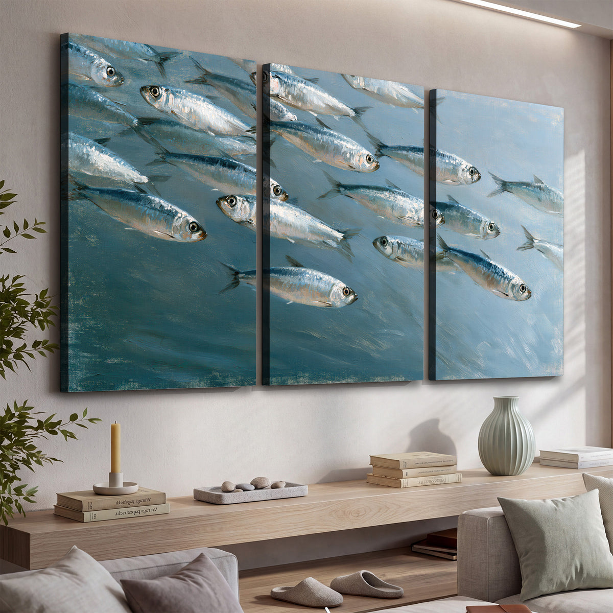 A school of silver fish moving together through cool blue water 3 piece canvas wall art displayed in a console
