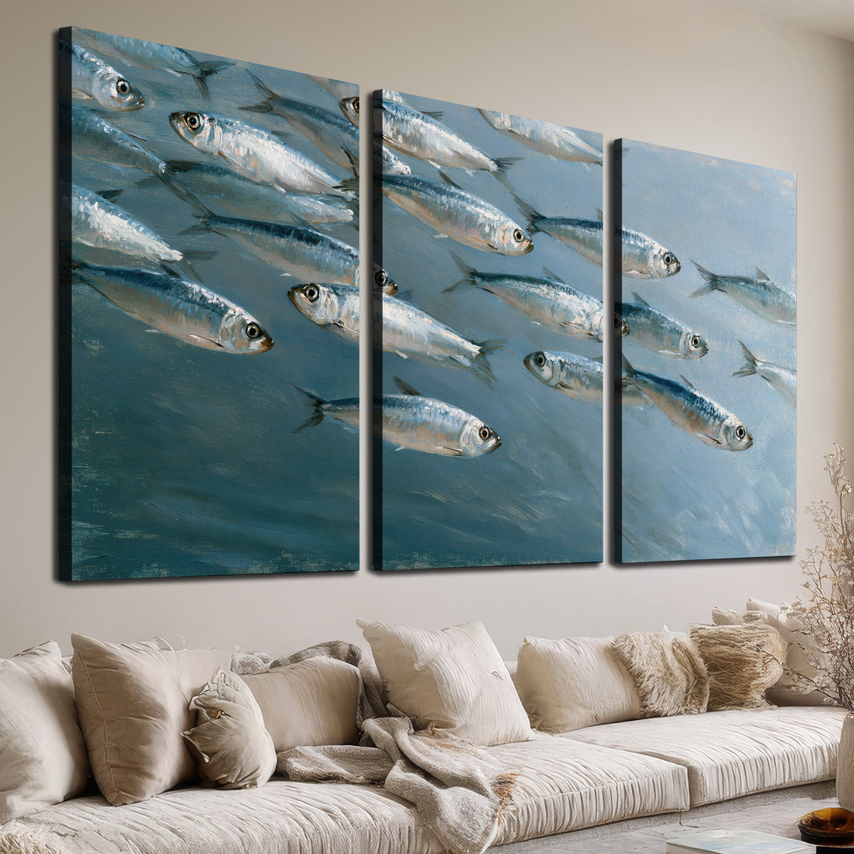 A school of silver fish moving together through cool blue water 3 piece canvas wall art room and product view
