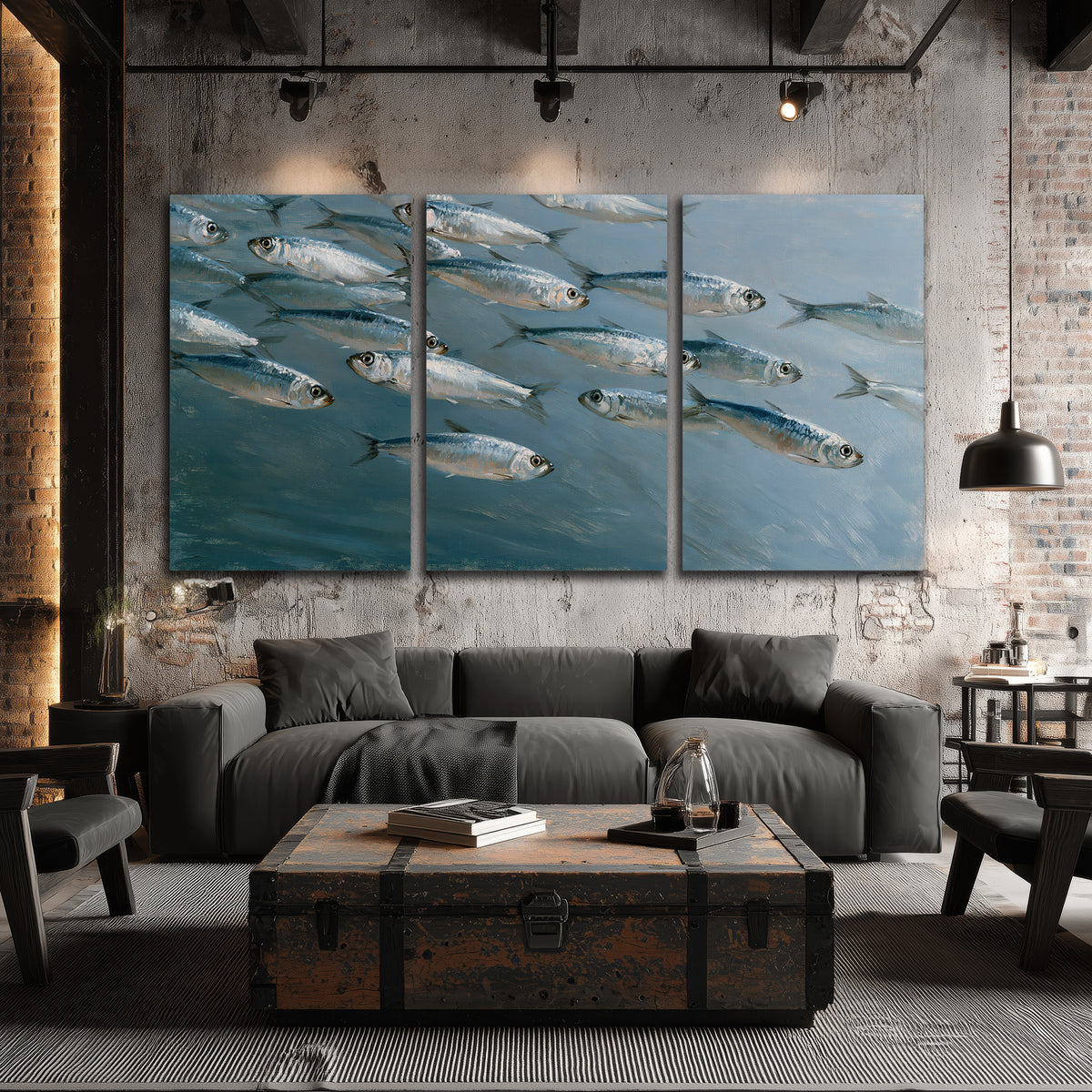 A school of silver fish moving together through cool blue water 3 piece canvas wall art displayed in a industrial room