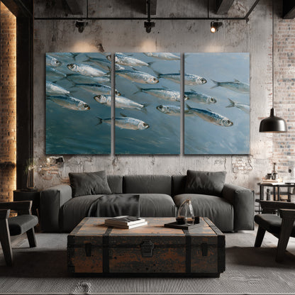 A school of silver fish moving together through cool blue water 3 piece canvas wall art displayed in a industrial room