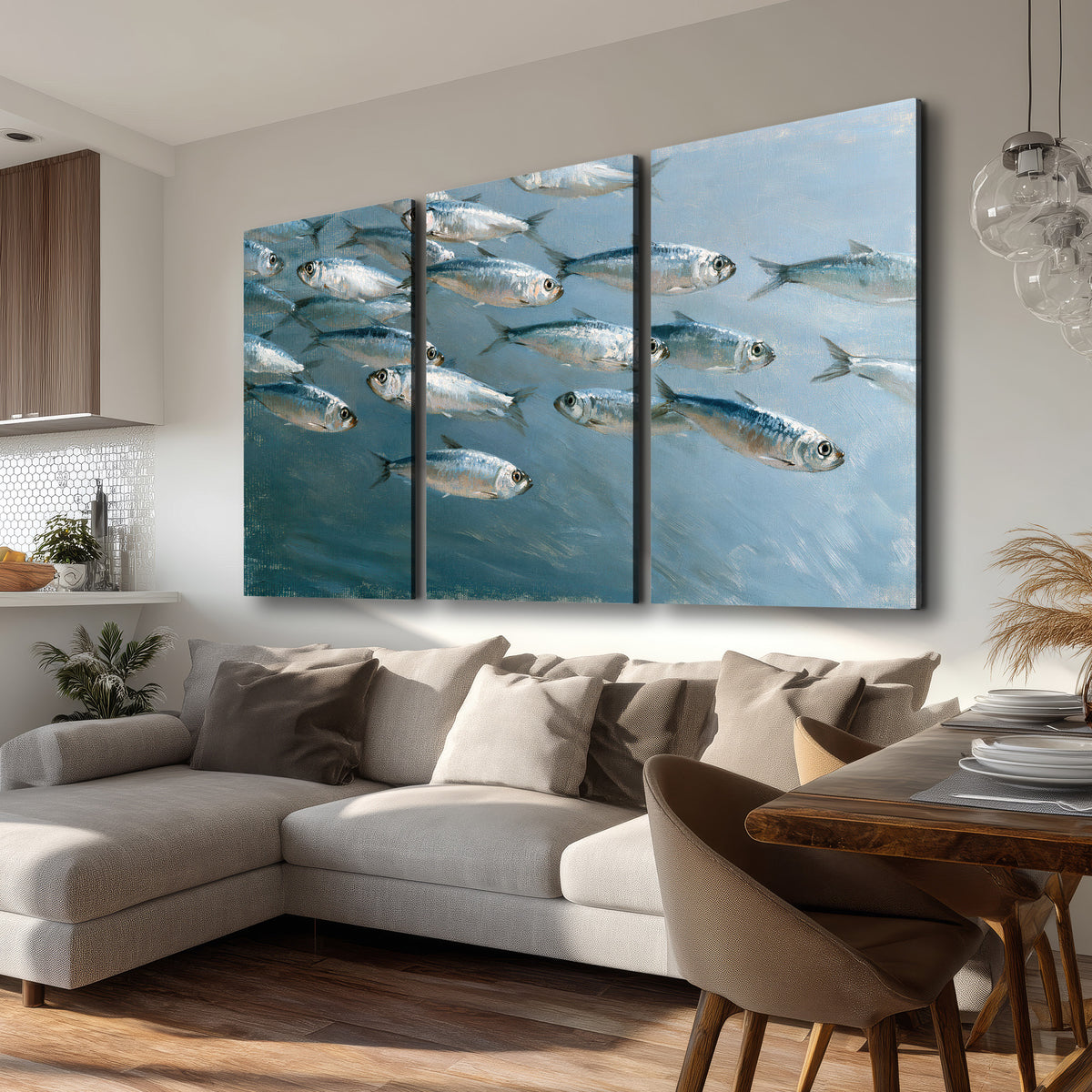 A school of silver fish moving together through cool blue water 3 piece canvas wall art room and product view