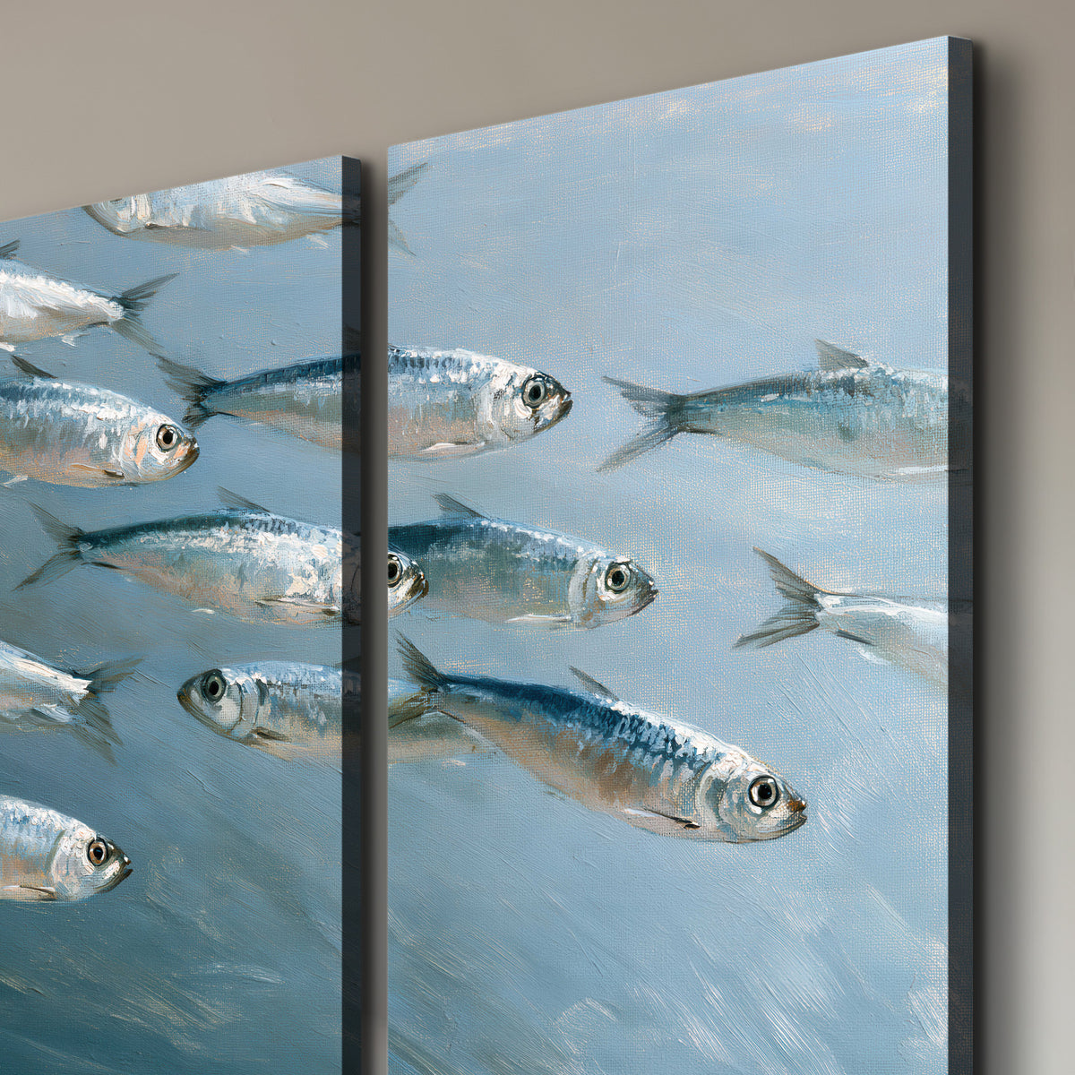 A school of silver fish moving together through cool blue water 3 piece canvas wall art room and product view