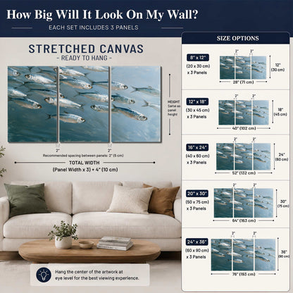 A school of silver fish moving together through cool blue water 3 piece canvas wall art size guide above a sofa; room view is illustrative
