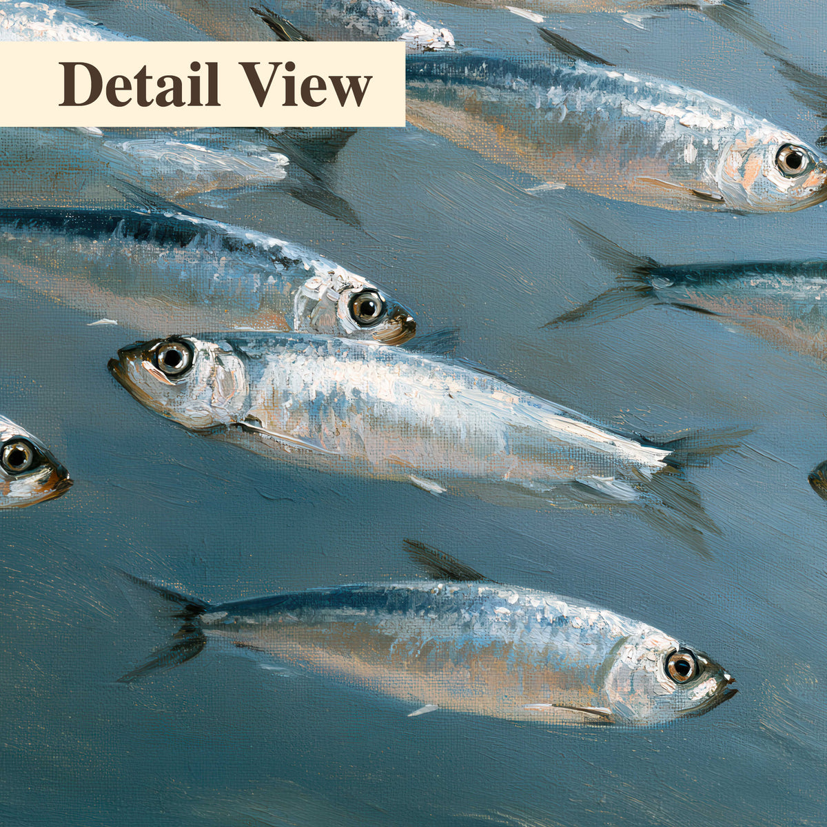 A school of silver fish moving together through cool blue water 3 piece canvas wall art artwork detail close up
