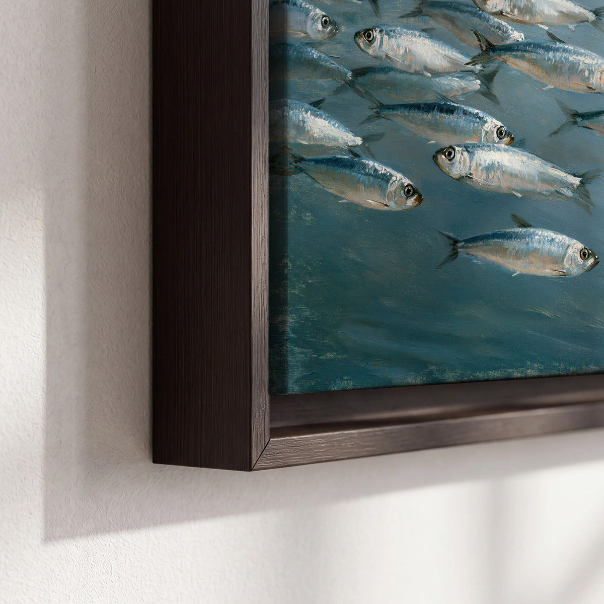 A school of silver fish moving together through cool blue water 3 piece framed canvas wall art material and edge close up