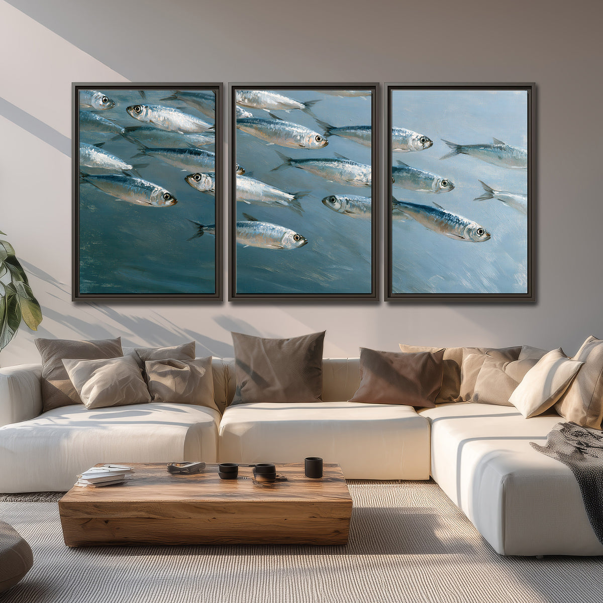 A school of silver fish moving together through cool blue water 3 piece framed canvas wall art displayed in a living room