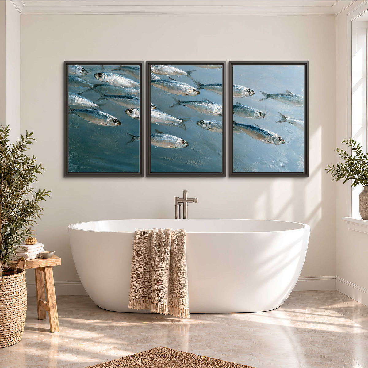 A school of silver fish moving together through cool blue water 3 piece framed canvas wall art styled in an interior