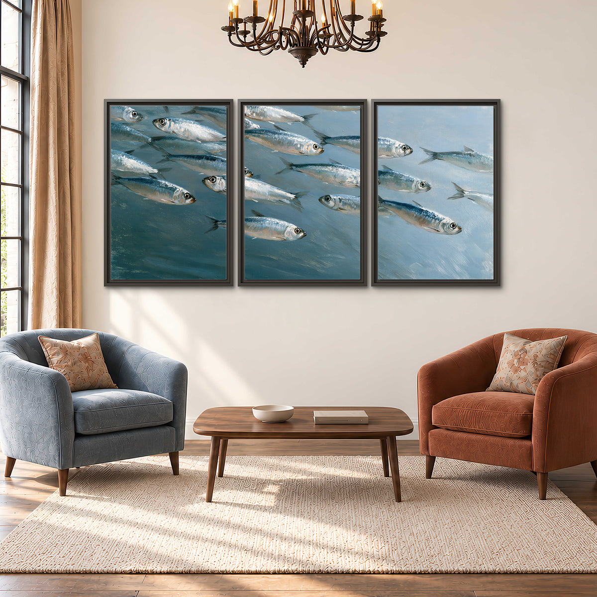 A school of silver fish moving together through cool blue water 3 piece framed canvas wall art styled in an interior