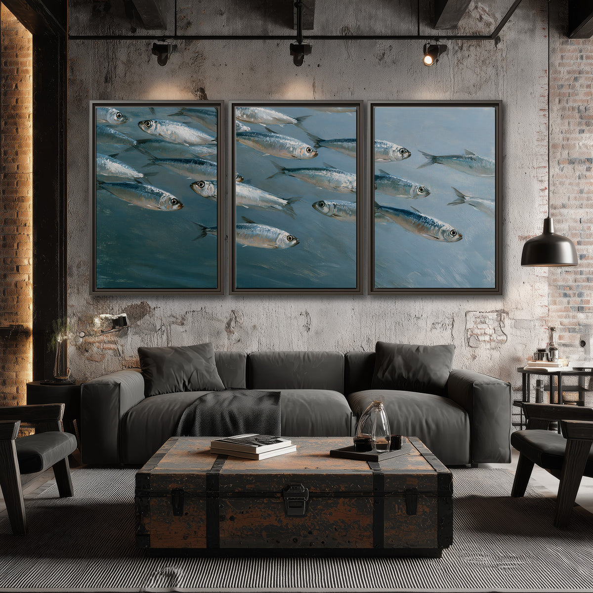 A school of silver fish moving together through cool blue water 3 piece framed canvas wall art displayed in a industrial room
