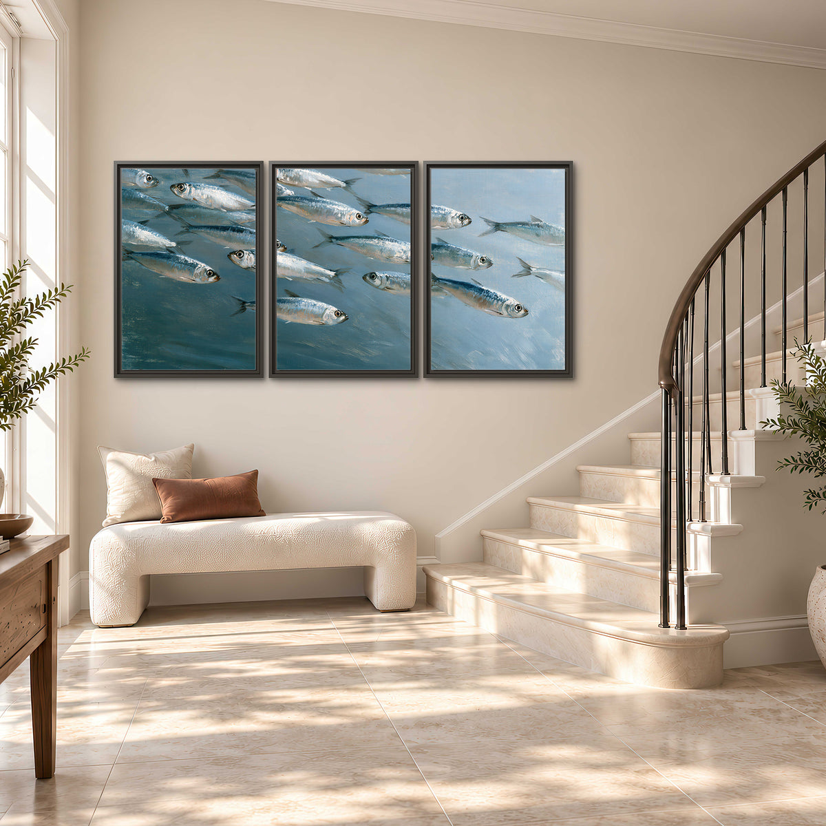 A school of silver fish moving together through cool blue water 3 piece framed canvas wall art styled in an interior