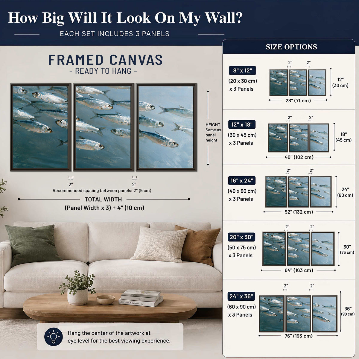 A school of silver fish moving together through cool blue water 3 piece framed canvas wall art size guide above a sofa; room view is illustrative