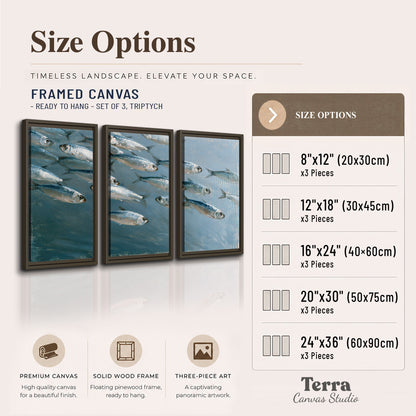 A school of silver fish moving together through cool blue water 3 piece framed canvas wall art available dimensions; triptych dimensions are per panel
