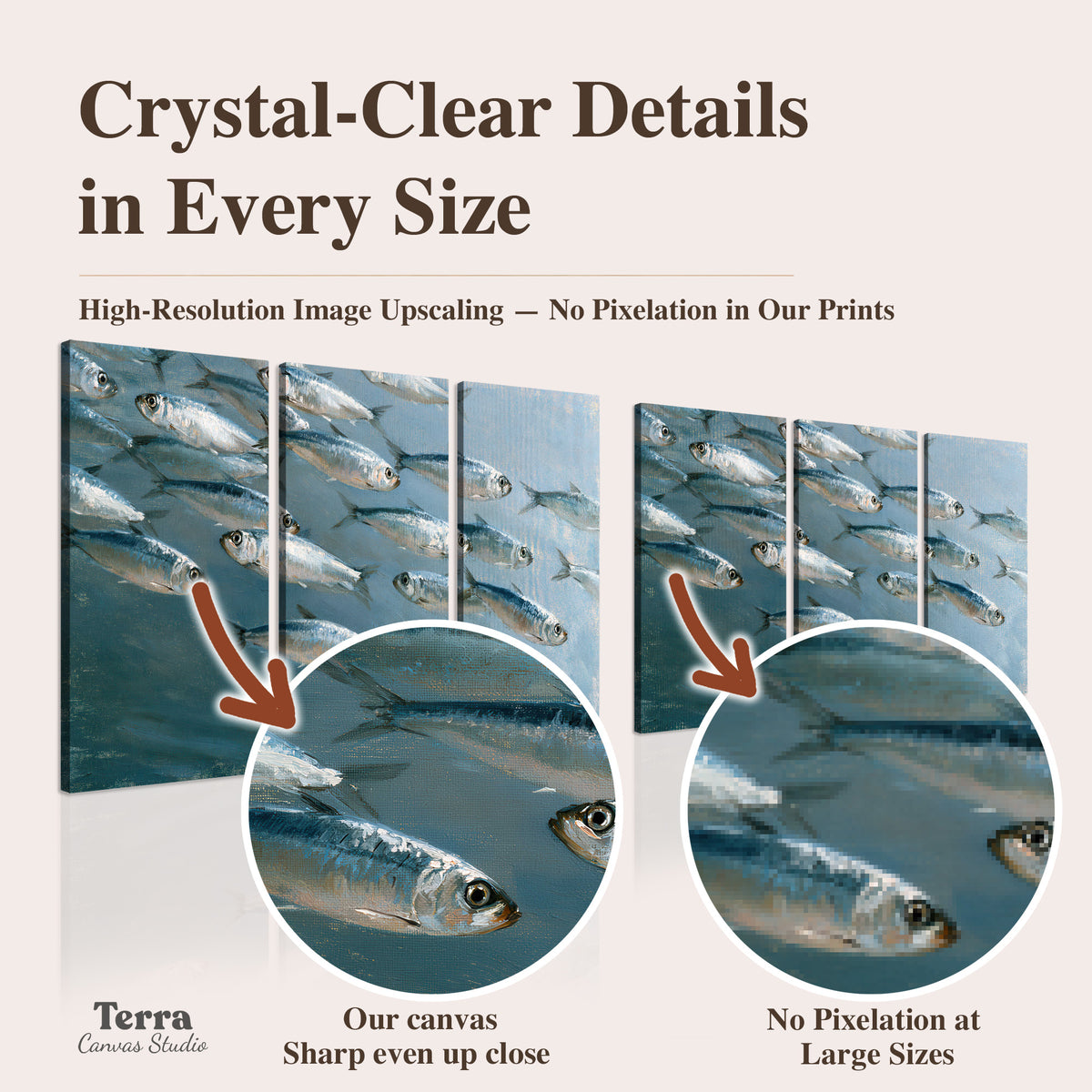 A school of silver fish moving together through cool blue water artwork quality information