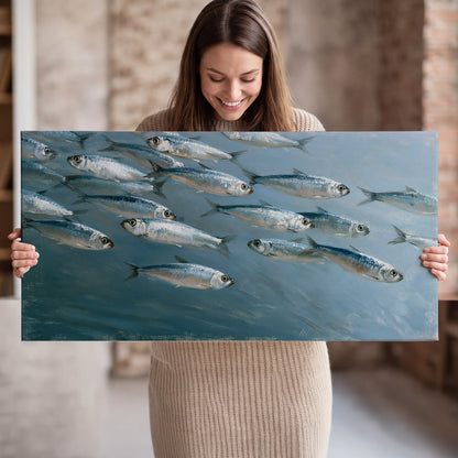 A school of silver fish moving together through cool blue water single canvas wall art held in hands