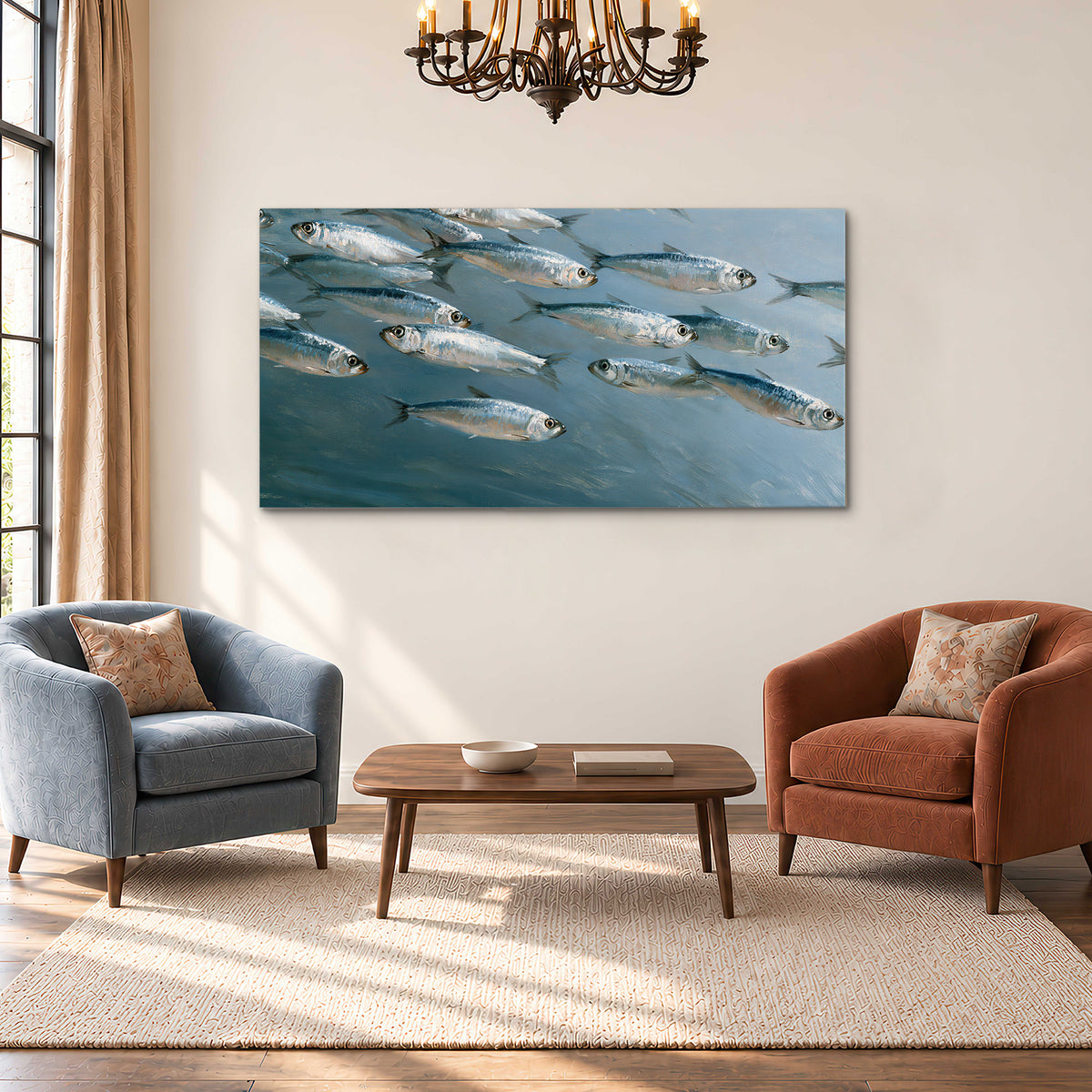 A school of silver fish moving together through cool blue water single canvas wall art styled in an interior
