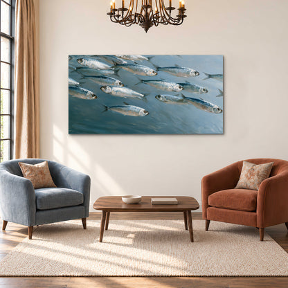 A school of silver fish moving together through cool blue water single canvas wall art styled in an interior