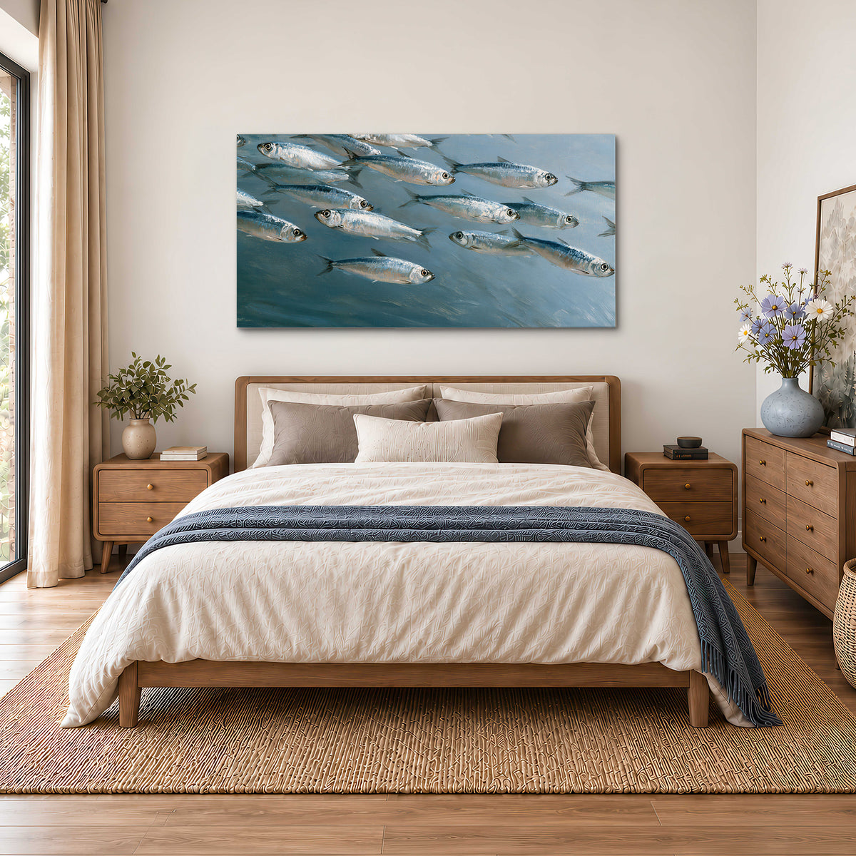 A school of silver fish moving together through cool blue water single canvas wall art styled in an interior